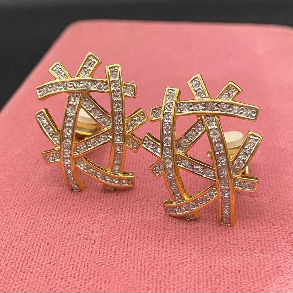 Vintage Signed Butler Abstract Rhinestone Studded Bird Nest Earrings clip on